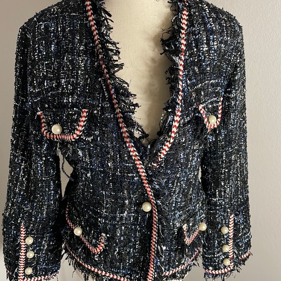 Sans Souci Blazer Jacket Blue Metallic Pearl Buttons Large - Picture 5 of 12